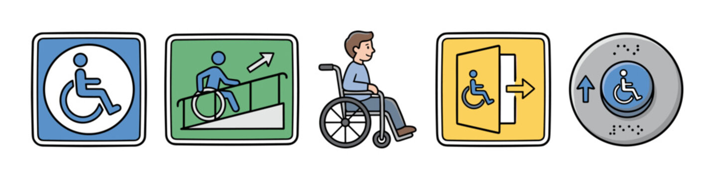 Collection of colorful accessibility icons representing various aspects of disability access and inclusive design for public spaces.