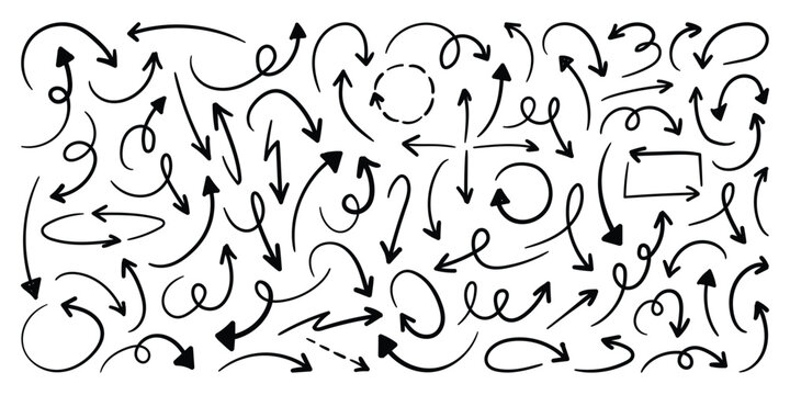 Hand drawn curved doodle arrow set. Set of curved, Loop, swirl and sketch arrows. Pen lines, arrows scribbles vector illustration.