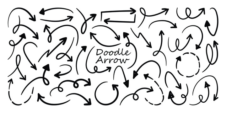 Hand drawn curved doodle arrow set. Set of curved, Loop, swirl and sketch arrows. Pen lines, arrows scribbles vector illustration.