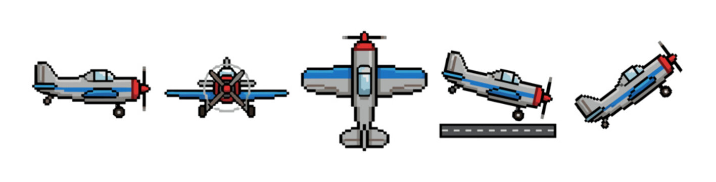 Pixel art propeller airplane collection features various views and orientations of a classic single-engine aircraft design, perfect for retro game assets or digital illustrations.