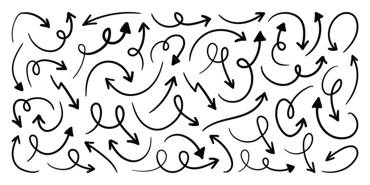 Hand drawn doodle arrow vector collection. Scribble lines arrow doodle elements. Crayon drawn note arrow doodles set. 