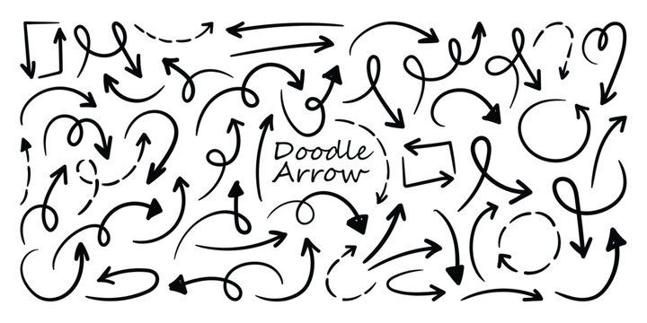Hand drawn curved doodle arrow set. Set of curved, Loop, swirl and sketch arrows. Pen lines, arrows scribbles vector illustration.