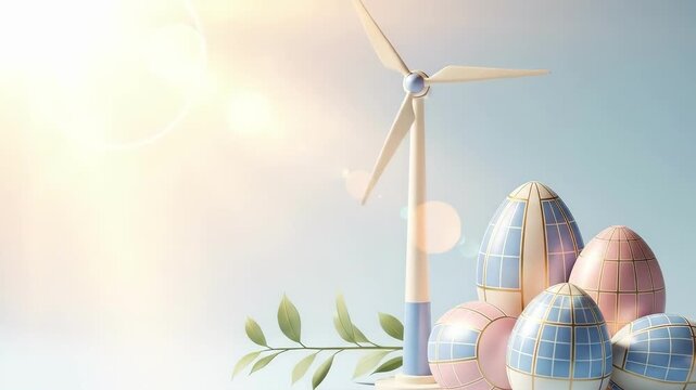 Easter eggs arranged as wind turbine with green leaves. Sustainable energy concept for spring holiday celebration and eco-friendly themes