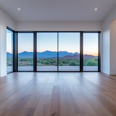Fototapeta premium Wide-Angle Modern Empty Room with Panoramic Desert Mountain Sunset View, hardwood floor. Serene interior, luxury living, nature connection concept. Architecture, Tranquil