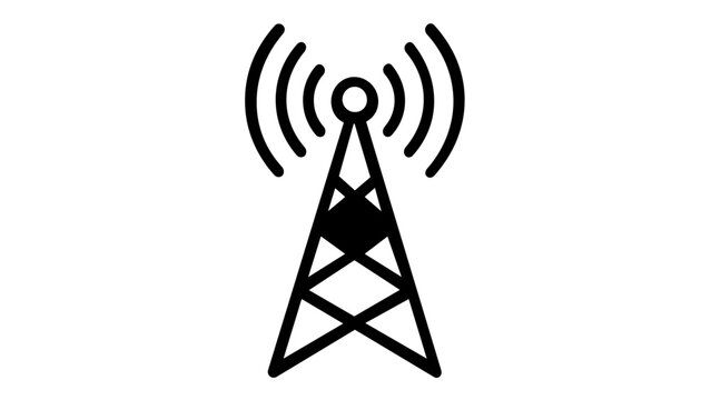 Minimalist radio tower vector icon illustration featuring a telecommunication antenna emitting wireless signal waves. Scalable black line art for broadcasting, network, and cellular connectivity.