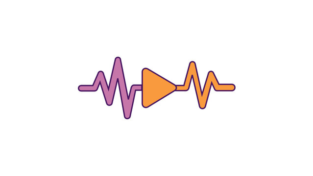 Vector illustration of a sound wave signal line with a play button icon, featuring a vibrant purple and orange gradient, representing audio playback, music streaming, and digital communication.