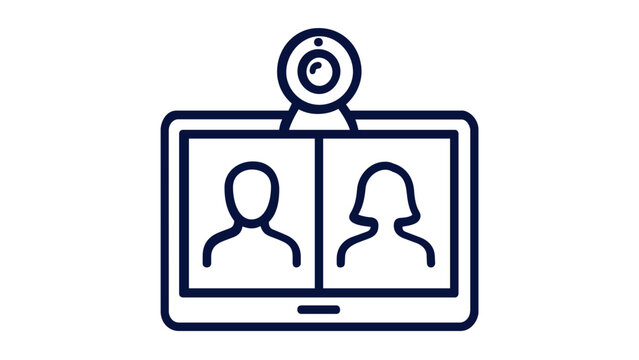 Video conference and online meeting line icon vector illustration. Features a computer monitor with split-screen participants and a webcam. Perfect for remote work, digital communication, and tech.