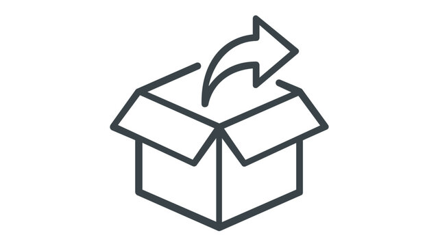 Minimalist vector icon illustration of an open cardboard box with an arrow pointing out, representing shipping, delivery, export, or unpacking concepts in a clean line art style.