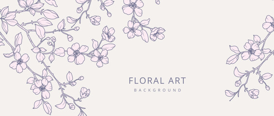 Spring background with line art hand drawn flowers, branches and leaves. Cherry blossoms. Vector floral illustration for card, branding, wedding invitation, cover, wallpaper, save the date © Victory