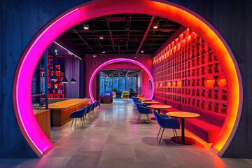 Futuristic Neon Lounge Interior With Circular Archways, Modern Restaurant Seating And Vibrant Colorful Lighting