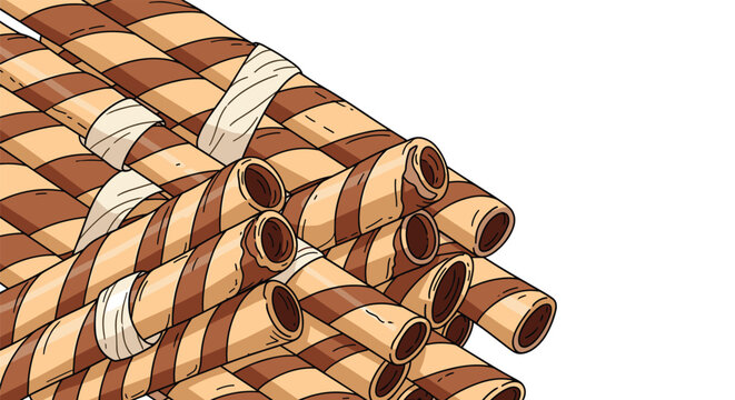 Close up view of many chocolate filled wafer rolls with stripes tied together with white ribbons on a white background.