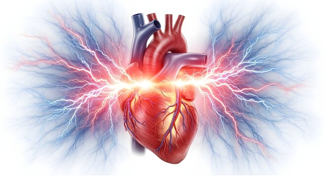 Heart electricity and cardiac nerve impulse. Medical science and cardiology technology. Human heart with blue electric lightning bolts and glowing energy