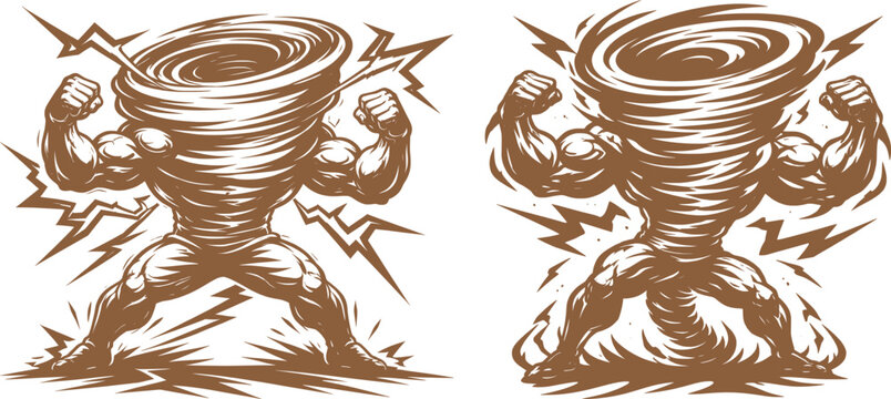 Powerful Tornado Mascot with Muscular Arms Storm Energy Illustration.