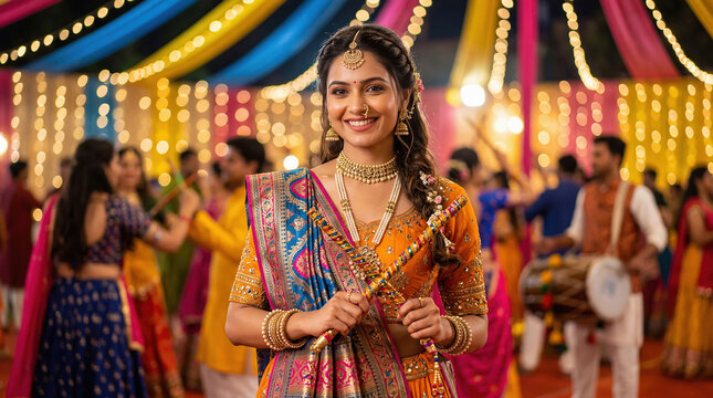 Beautiful Indian Woman Celebrating Navratri with Traditional Garba Dance