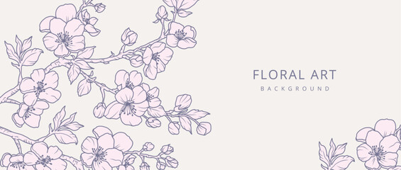Spring background with line art hand drawn flowers, branches and leaves. Cherry blossoms. Vector floral illustration for card, branding, wedding invitation, cover, wallpaper, save the date © Victory