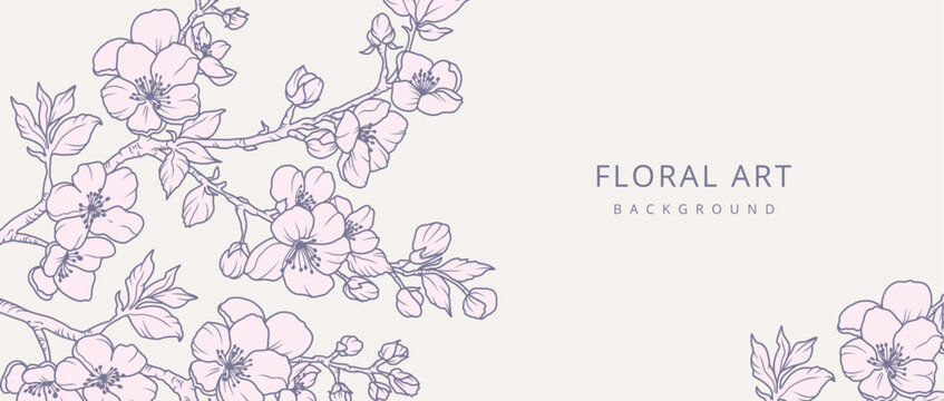 Spring background with line art hand drawn flowers, branches and leaves. Cherry blossoms. Vector floral illustration for card, branding, wedding invitation, cover, wallpaper, save the date