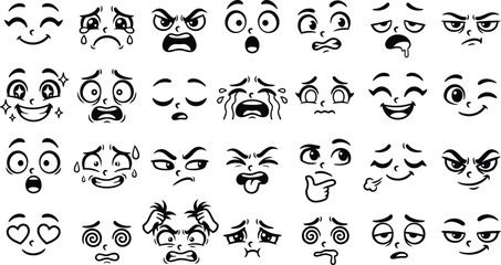 Fototapeta premium Collection of various cartoon faces with different emotions and expressions on white background