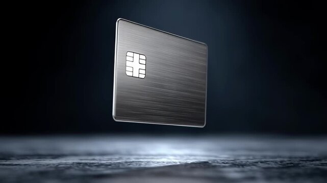 Blank metallic credit cards, black and silver, levitating and spinning on dark, dramatic background with spotlight
