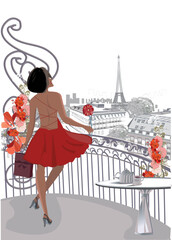 Design  with lettering Paris and the Eiffel tower, fashion girls in hats, architectural elements. Hand drawn vector illustration. © Anna Laifalight