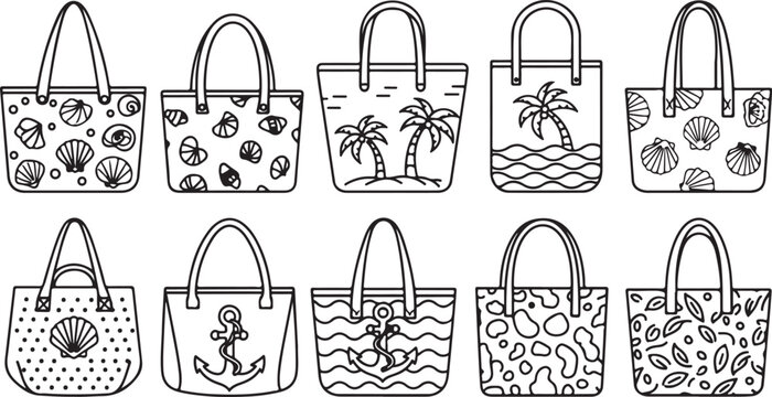 Line art illustrations of different types of handbags and purses Vector