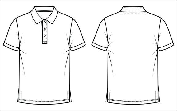 Technical cad drawing of cloth polo shirt front and back views for fashion design manufacturing
