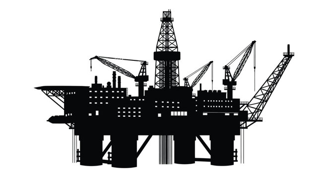 Detailed offshore oil rig structure against a white background a stark silhouette