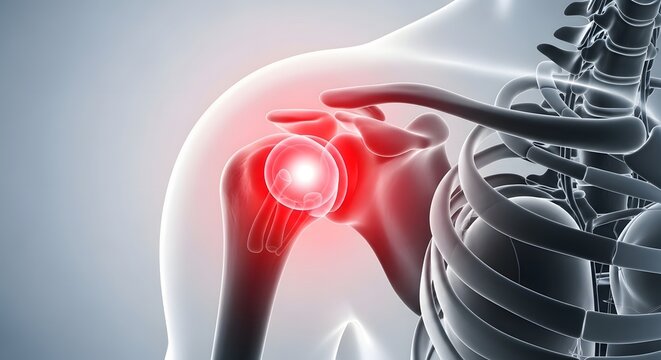 3D illustration of human shoulder anatomy and inflammation. Orthopedic surgery and joint replacement concept. Anatomical model showing red pain area in the shoulder joint