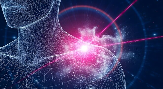 Holographic visualization of shoulder pain and nerve damage. Laser therapy and advanced medical treatment. Digital wireframe of a human face and shoulder with light beams