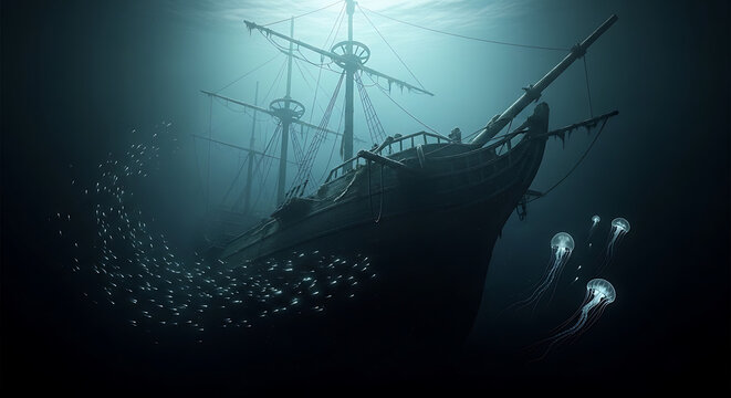 Ancient sunken ship on deep ocean floor, illuminated by ethereal light through dark water, captivating scene of forgotten history and marine mystery