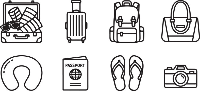 Essential travel items including suitcase, bag, wallet, passport and camera Vector