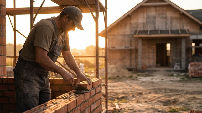 construction worker building brick wall isolated on transparent background