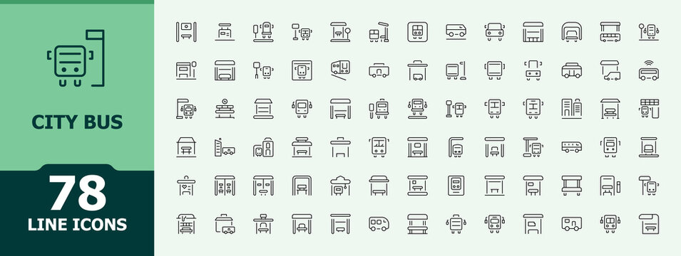 City Bus line icon set. Transportation line icon set. Icons for UI design. Includes thin line symbols car, vehicle, transport, shuttle and more. Editable stroke. Vector illustration.