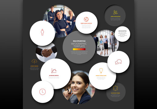 Modern Business Infographic Template with Circular Icons and Circle Photo Placeholders