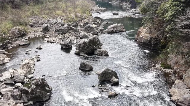 Aerial drone close view over forest river, detailed natural texture 30s 4K