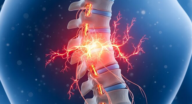 Spinal cord nerve pain and vertebral inflammation. Neurology and back surgery concepts. 3D render of human spine with glowing nervous system and discs showing chronic pain