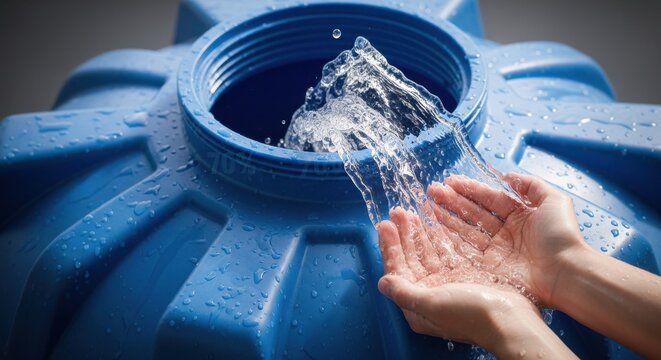 Hands Catching Splashing Fresh Water From a Blue Industrial Plastic Storage Tank for Sustainability and Water Conservation Concepts