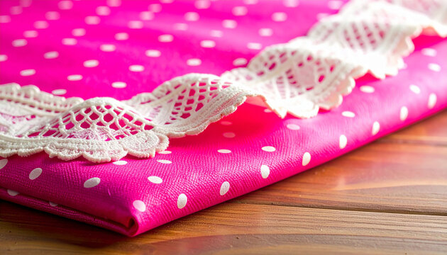 Bright pink polka dot fabric with white lace trim on wooden surface image photo