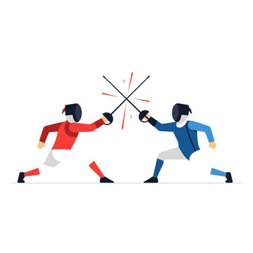 Two Fencers in Red and Blue Competing with Swords