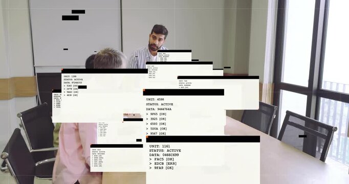 Vertical video: Team in shirts noting Indian speaker explaining data at table while windows growing