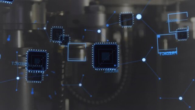 Blue AR UI activating on scan pulsing nodes focusing central square over factory monitoring output