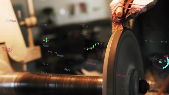 Technician operating grinder at workshop, gloved hand touching shaft while monitoring overlays