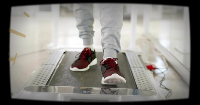 Man walking on treadmill, belt motion driving gait for rehab test, gold overlay drifting over feet