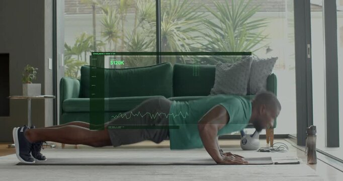 Man performing home fitness plank-to-kneel-to-seated stretch, HUD with $120K graph guiding reps