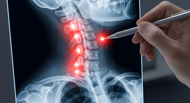 Cervical spine x-ray with glowing red vertebrae pain points. Spinal disc disease and neck diagnosis. Doctor pointing at neck bones with a pen