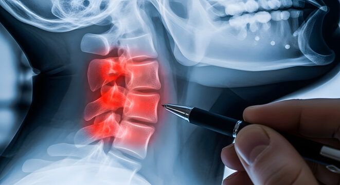 Cervical spine injury and neck pain diagnosis. Vertebrae inflammation and orthopedic care. Doctor pointing at X-ray showing glowing red spinal discs indicating chronic nerve compression