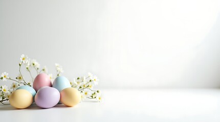 Obraz premium A collection of colorful Easter eggs and flowers on a white surface