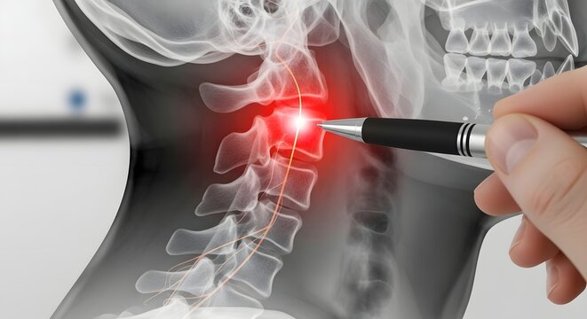 Cervical nerve compression and spinal cord health. Neuropathic pain and chiropractic diagnosis. Pen pointing at xray of neck showing pinched nerve path and glowing red vertebral disc