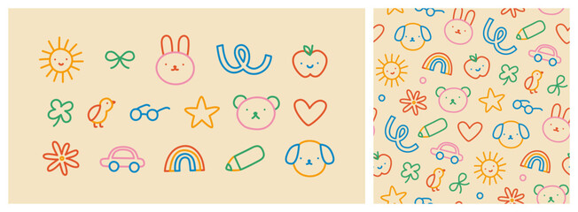 Colorful funny children doodle and seamless pattern set. Cute happy kid drawing symbol collection, diverse educational concept illustration bundle. Hand drawn diverse graphic elements. Includes dog, a