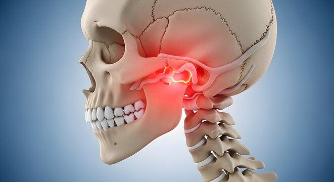 Temporomandibular joint and jaw bone anatomy. Dental health and arthritis. Human skull profile showing glowing red inflammation in the jaw hinge