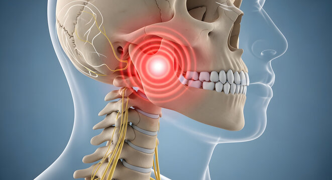 Jaw pain and temporomandibular joint disorder symptoms. Dental health and oral anatomy. Human skull illustration showing red glowing area of inflammation in the mandible and teeth